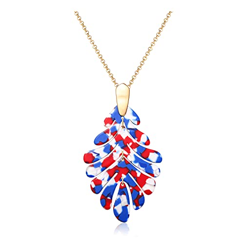 ARATLENCH Acrylic Pendant necklace Earrings – Long Statement Leaf Charm Necklace Tortoise Resin Palm Leaf Earrings Fashion Necklaces Earrings for Women - color: red white blue necklace