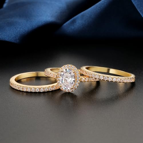MDFUN Three in One Round/Oval/Eye/Teardrop Halo Wedding Bands Set Engagement Rings 18K Yellow Gold Plated Cubic Zirconia Promise Eternity Band for Women Size 5-10 - style: Oval