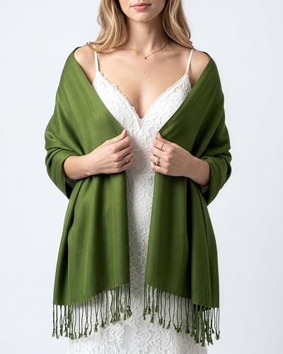 Achillea Lightweight Pashmina Scarf for Women – Soft Silky Shawl Wrap for Evening Dresses, Bridesmaids & Everyday Wear - color: Olive Green
