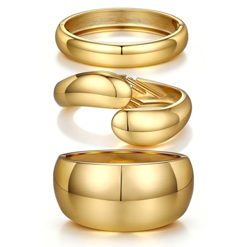 Chunky Gold Bangle Bracelets for Women Trendy 14K Gold Plated Cuff Bracelets Stack, Dainty Gold Bracelet Sets Non Tarnish Fashion Jewelry Gift - style: Gold-3pc-011