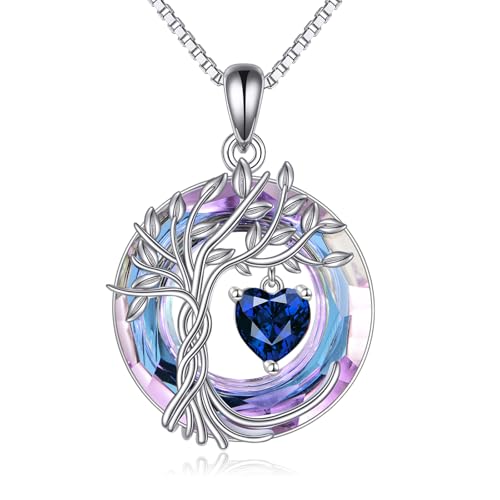 POPLYKE Mothers Day Gifts for Mom Her Wife Tree of Life Necklace 925 Sterling Silver Birthstone Pendant with Crystal Anniversary Birthday Wedding Jewelry for Women - color: 09-Sep-Sapphire, style: White Gold Plated-Amethyst Crystal