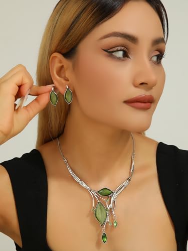 Vintage Chunky Statement Jewelry Set Retro Leaf Floral Geometric Bohemian Boho Bib Necklace Earring Set Fashion Costume Jewelry for Women Girls Wedding Party Prom Unique Gift - style: 2 leaves marquise crystal JS silver green