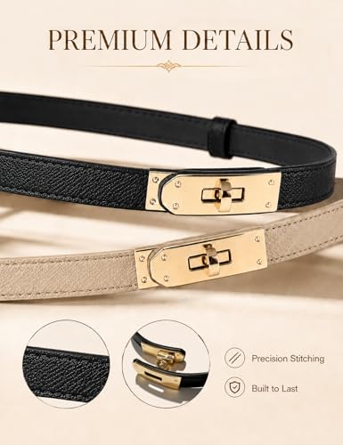 BEMYLV Skinny Belts for Women Dresses Turn-Lock Gold Buckle Adjustable Fashion Waist Belt for Pants Jeans Business Casual - color: Black+light Khaki
