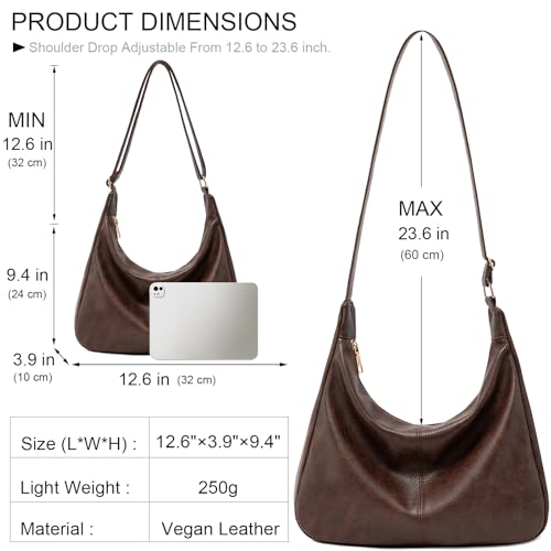 Hobo Bags for Women Foldable Vegan Leather Shoulder Handbag Slouchy Tote Crossbody Purses - color: Dark Brown