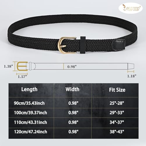 JASGOOD 2 Pack Braided Belts for Women, 1'' Narrow Width Elastic Woven Stretch Fabric Cloth Belts with Gold Buckle - color: C-black+blue, size: Fit Size 25"-28"