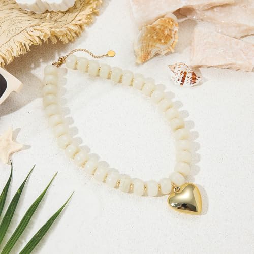 Chunky Colorful Beaded Necklaces for Women Big Bead Boho Choker Necklace Trendy Heart Statement Necklace Summer Beach Jewelry Mothers Day Gifts for Mom Daughter - color: Heart White Choker