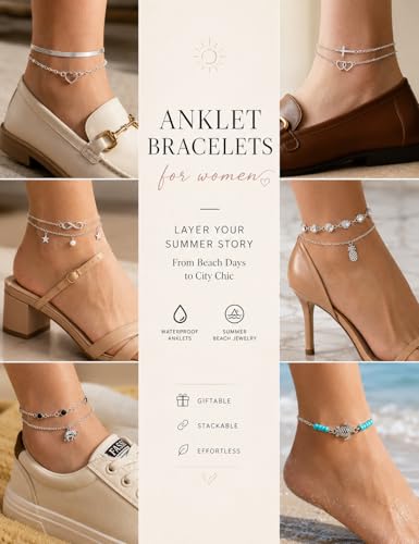 FASACCO 20Pcs Ankle Bracelets for Women Adjustable Beach Anklet Set Surfer Anklet Heart Star Turtle Infinite Anklets Foot Jewelry - color: silver tone