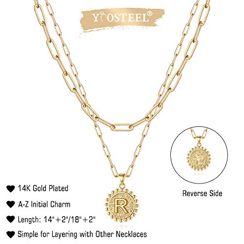 Yoosteel Layered Initial Necklaces for Women Trendy - 14K Gold-Plated Dainty Layering Paperclip Chain Coin Initial Necklace Jewelry Gifts for Women Mom Wife Teen Girls - color: Gold, style: R