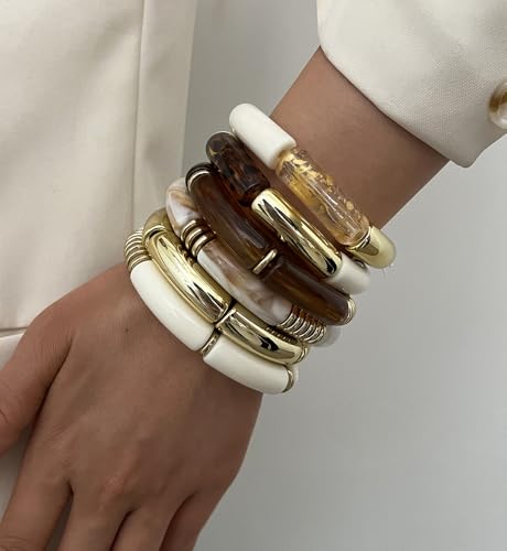 iF YOU 6pcs Chunky Acrylic Bangle Bracelets for Women, Resin Bamboo Brown Stretchy Bracelet Stack, Fashion Jewelry for Women - color: 6 Clear white brown bracelets