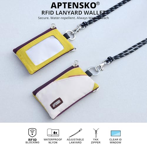 RFID Blocking Travel Wallet with Adjustable Lanyard, Small Nylon Zipper Pouch and Badge Holder for ID, Credit Cards, Cash, Keys, Commuters (Almond+DarkYellow) - color: Almond+DarkYellow
