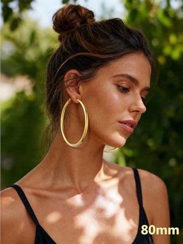 Bestyle 5mm Thick Gold Hoop Earrings Hypoallergenic Hoops for Sensitive Ears Trendy Lightweight Chunky Earrings for Women 30/40/60/80mm - color: 01-Gold, size: 80mm