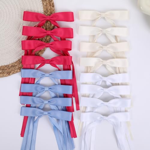 WORTL Hair Bows Clips Coquette Ribbon Bowknot with Long Tail Princess Hair Bows French Barrettes Hair Accessories for Women Girls 16PCS (Rose red, Cream,White, Blue) - color: Rose red,white， Cream, Blue