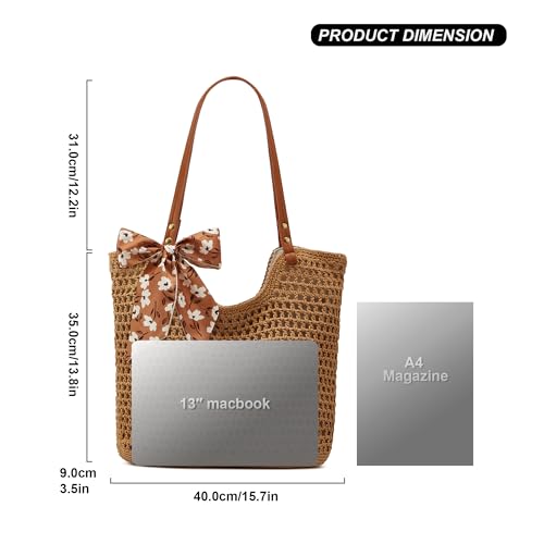 Crochet Beach Bags for Women Woven Purses Shoulder Bag Tote Handbag Summer Beach Purse - color: Wy10-brown