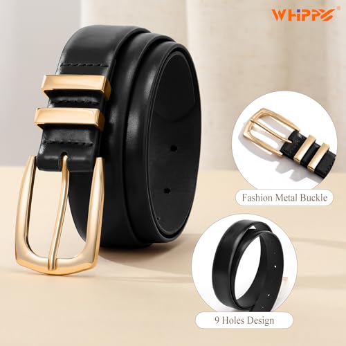 WHIPPY Women's Leather Belts for Jeans Pants Fashion Ladies Belt Gold Buckle Belts for Women - color: 1-black(gold Buckle), size: Fits Waist Size 30"-34"