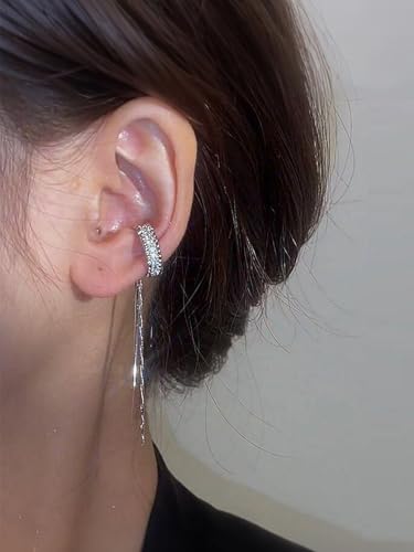 Silver Chain Earrings for Women Dainty Long Tassel Chain Hoop Earrings Layered Shiny Ring Non Piercing Earring Y2K Drop Dangle Cuff Earring Crystal Huggie Clip Hoops Gift for Her - color: Right Ear