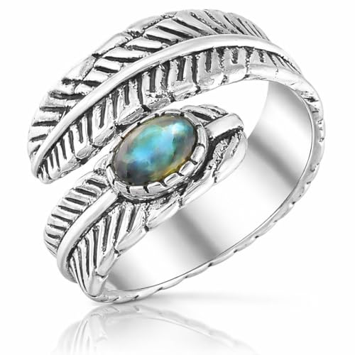 Silver Plated Feather Ring | 925 Silver Adjustable Open Ring | Vintage Leaf Design Inspirational Jewelry for Men & Women | Hypoallergenic Boho Statement Ring - color: Labradorite