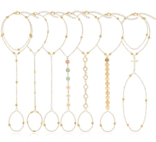 BOMAIL 7Pcs 14K Gold Plated Gold Hand Chain Bracelets for Women | Adjustable Ring Bracelets,Stackable Hand Link Chain,Dainty Gold Jewelry,Durable Accessory,Cute Bracelet