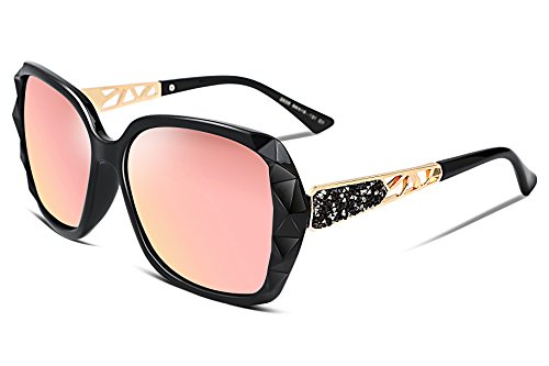FEISEDY Polarized Women Square Sunglasses Sparkling Composite Shiny Frame B2289 - color: 4 Black/Rose Gold Pink