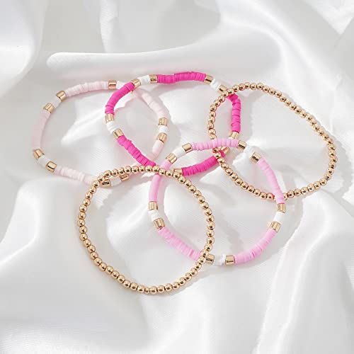 GOOJIDS Surfer Heishi Clay Bead Bracelets for Women Bohemian Stackable Gold Plated Beaded Stretch Bracelets Elastic Layering Friendship Bracelets Set Boho Jewelry - color: C-New Rose Color Sets