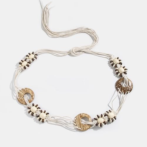 Women Braided Waist Belt Boho Woven Belt with Wooden Beads and Ring Clasp Vintage Long Tassel Rope Tie Belt for Dress - color: Beige 4