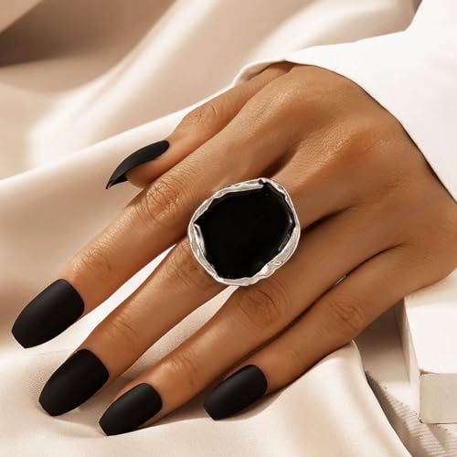 Vintage Statement Rings for Women,Chunky Gold Cocktail Rings,Big Black Enamel Drip Finger Ring,Fashion Geometric Punk Ring Gothic Jewelry Accessories Gifts - color: Silver
