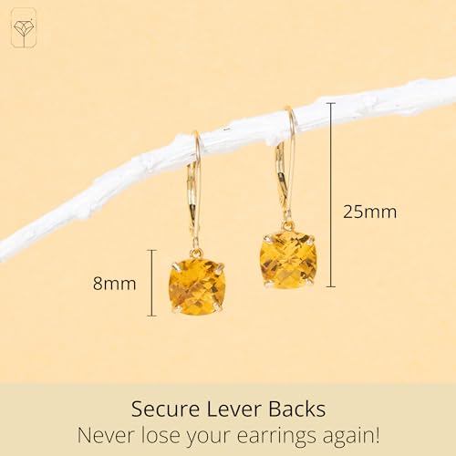 14k White or Yellow Gold Cushion Cut Gemstone Dangle Earrings for Women with 8mm Birthstones by MAX + STONE - color: Citrine