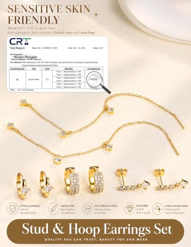 LOYALLOOK Hypoallergenic Flat Back Stud Hoop Earrings for Women, 14K Gold Plated Surgical Steel Earring Stacks Set for Sensitive Ears, Dainty Dangle Chain Silver Cartilage Earring Trendy Piercing Jewelry - color: Gold-chain
