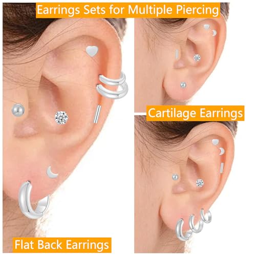 Silver Gold Plated Surgical Steel Flat Back Earrings for Women Hypoallergenic 14K Gold Plated Stud Huggie Earring Set Fashion Shell Cubic Zirconia Flatback Studs Cartilage Earrings Pack for Multiple Piercing 5/8Pairs - color: 8 Pairs Silver Plated Huggie/