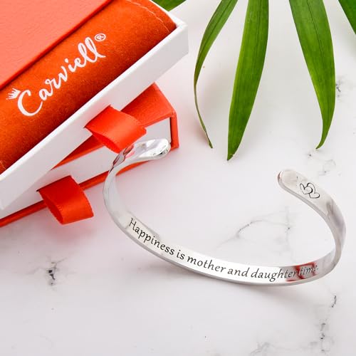 Carviell Bracelet - Gifts for Women – Inspirational, Friendship, Love, Mom, Daughter, Sister, Christian, Graduation, Memorial & Wedding Gifts – 100+ Phrases – Stainless Steel, Gift-Ready - style: MOM'S DAUGHTER's Gift - Happiness is mother and daughter ti