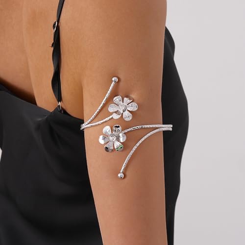 Arm Cuff Jewelry for Women Adjustable Flower Cuff Bangle Bracelet Gold Armband Upper Jewelry Gifts for Women Boho Western Accessories - color: B4:silver flower