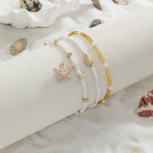 Vivian&CD Boho Shell Anklets Bracelet for Women Waterproof, Gold Layered Seashell Starfish Puka Shell Anklet, Adjustable Colorful Beaded Stack Stretch Bead Bracelet Set, Fashion Beach Foot Jewelry for Hawaii Summer Vacation - style: Starfish3