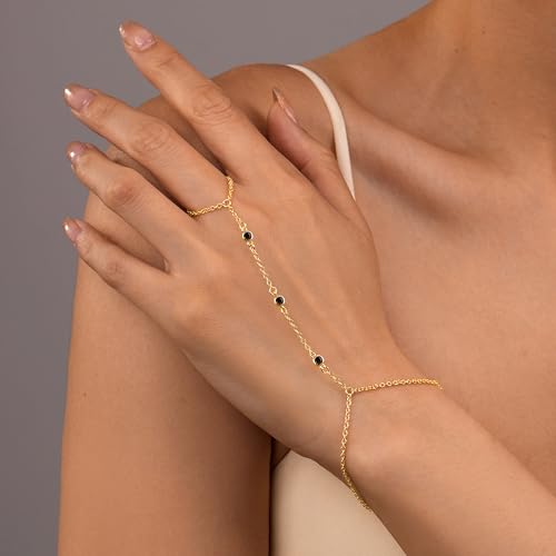 Gokeey Gold Hand Chain Bracelet for Women Trendy, Dainty 14k Gold Plated Ring Bracelet Hand Chain Finger Ring Slave Cuff Bracelet Cubic Zircon Hand Jewelry for Women Accessories - style: 3cz hand chain-Black