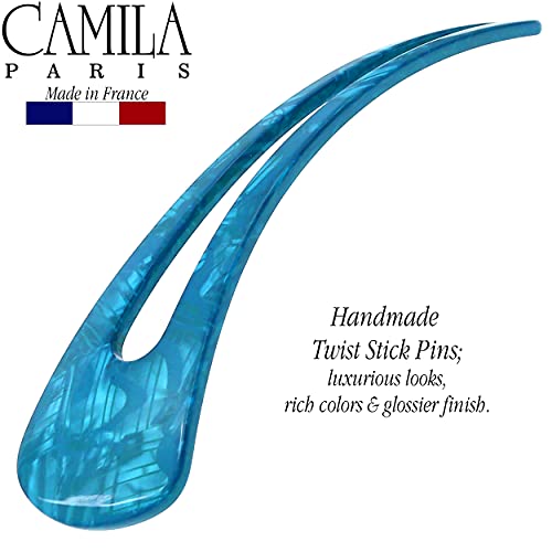 Camila Paris CP3165 French Twist Stick Clip Pins, Light Blue, Wavy Hair Pin U-Shaped Hair Fork for Girls Spiral Updo Chignon Bun Holder, Flexible Styling Hair Accessories for Women, Made in France - color: 2-Prong Light Blue