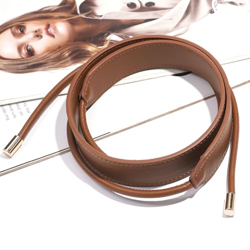 Women PU Leather Tie Waist Belts Knotted Thin Skinny Rope Waistband - color: Brown
