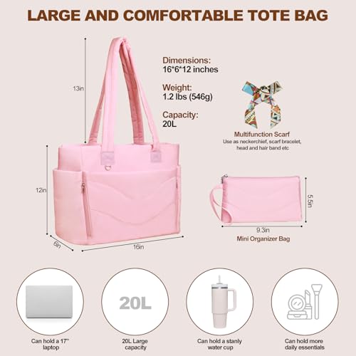 YFWE Puffer Tote Bag for women, Lightweight Tote Bag with Compartments for Work, Travel, School, Gym & Nurses - color: Pinkish-purple