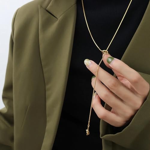 925 Sterling Silver Lariat Necklace, Long Tassel Necklace For Women, 14K Yellow Gold Necklaces Irregular Cross Knotted Shaped, Snake Collarbone Chain Jewelry For Girlfriend, Boho Necklace - color: Gold