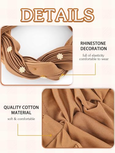 Woeoe Women African Turban Pre-Tied Twisted Beanie Cap Headwear Rhinestone Soft Stretchy Head Turbans - color: Brown