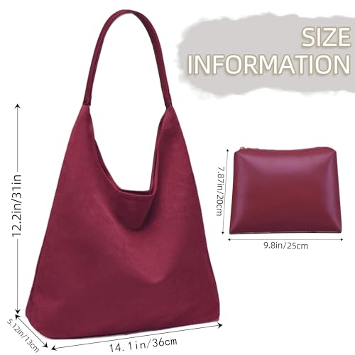 Large Work Tote Bags for Women, Boho Slouchy Suede Purses Handbags - color: Burgundy