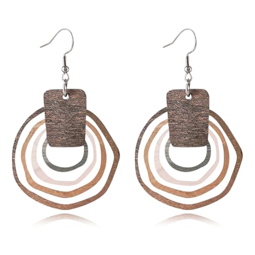 Wooden Geometry Circle Earrings for Women Bohemian Vintage Lightweight Wood Dangle Earrings Handmade Multilayer Earrings
