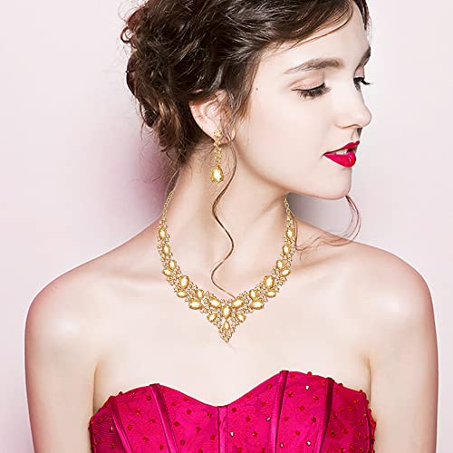 CSY 4 Pcs/Set Austrian Crystal Necklace Earrings Bracelet Ring Bridal Jewelry Sets for Brides Wedding Party Costume Accessories Gifts for Women - color: gold plated-champagne