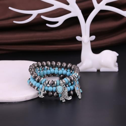 Western Outfit for Women Bohemian Vintage Stackable Turquoise Bracelet Rustic Beaded Cow Head Charm Stretch Bracelet Western Jewelry Country Concert Outfits for Women - style: Style4