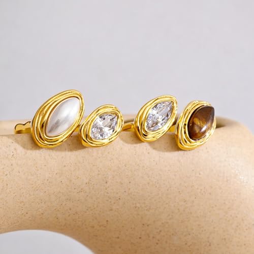 Mchic Adjustable Chunky Rings for Women: Dainty Natural Gemstone Ring Stainless Steel 18K Gold/Silver Plated Band Rings Non Tarnish Waterproof Statement Fashion Jewelry Gift for Women - color: Gold+Tiger Eye Stone+Cubic Zirconia