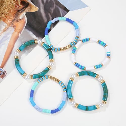 Elegance 11 designs colorful bracelets for women Surfer Thick Tube Heishi Summer Beach Beaded Stackable Boho Stretch Bracelets - color: Resin Blue