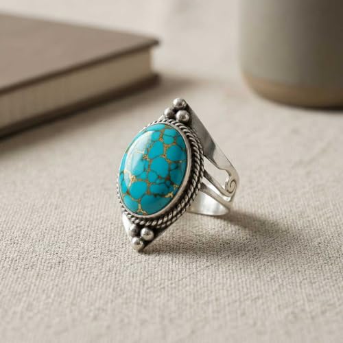 Handmade 925 Sterling Silver Plated Ring Natural Gemstone Carnelian, Rose Quartz, Tiger Eye, Crystal Oval Boho Jewelry For Women - color: Copper Blue Turquoise