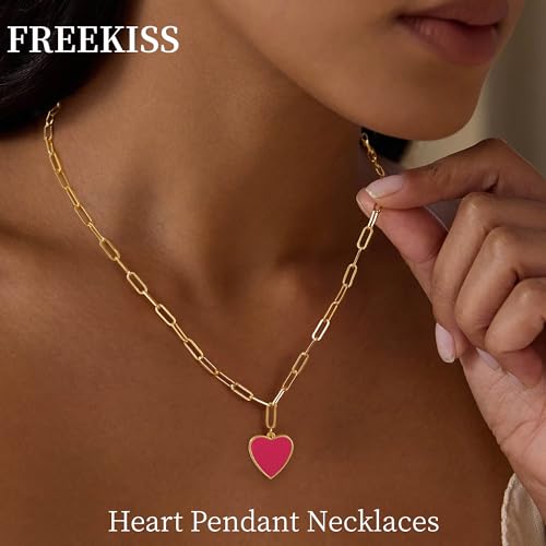 Freekiss Gold Pendant Necklace for Women, Dainty Diamond Necklaces for Women Simple 14K Gold Plated Paperclip Choker Necklaces Cute Minimalist Open Oval Necklaces Gold Jewelry for Women Gifts - color: Gold, style: Hot Pink Heart