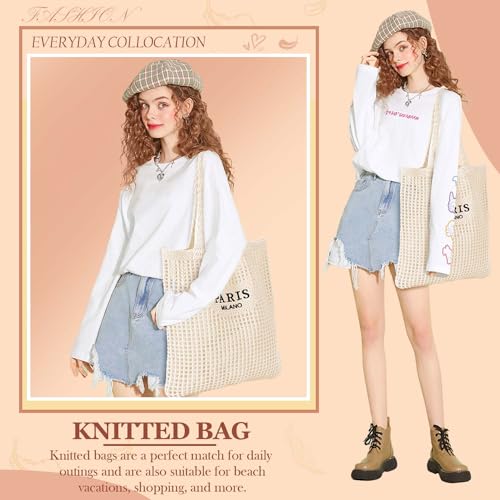 Ayieyill Crochet Tote Bag For Women, Crochet Mesh Beach Tote Bag Summer Vacation Aesthetic Boho Knit Bag for Women - color: G/Beige