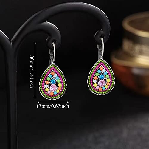 Unique Bohemian Vintage Sparkly Crystal Colorful Round Flower leverback earrings Boho Retro Bronze Circle Beaded Flower Floral Dangle Drop Earrings for Women - color: Colorful 4