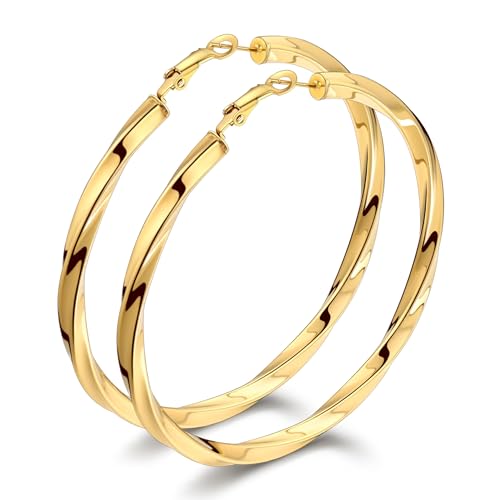 Bestyle 5mm Thick Gold Hoop Earrings Hypoallergenic Hoops for Sensitive Ears Trendy Lightweight Chunky Earrings for Women 30/40/60/80mm - color: 02-Gold, size: 80mm
