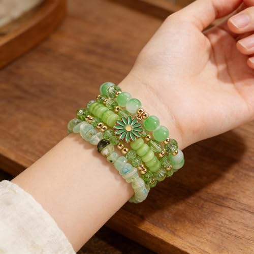 coadipress 5Pcs Bohemian Flower Stackable Bead Bracelets for Women Multilayer Crystal Glass Beaded Charm Bangles Bracelet Boho Summer Beach Hawaii Holiday Statement Jewelry - color: Green