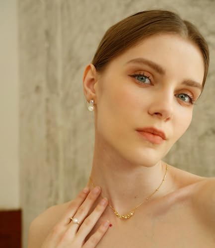 18K Gold Love Knot Stud Earrings for Women Statement Button Pearl Stud Earrings Minimalist Cute Small Post Earring - color: 5.CZ pearl